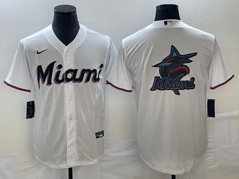 Men's Miami Marlins White Team Big Logo Cool Base Stitched Baseball Jersey